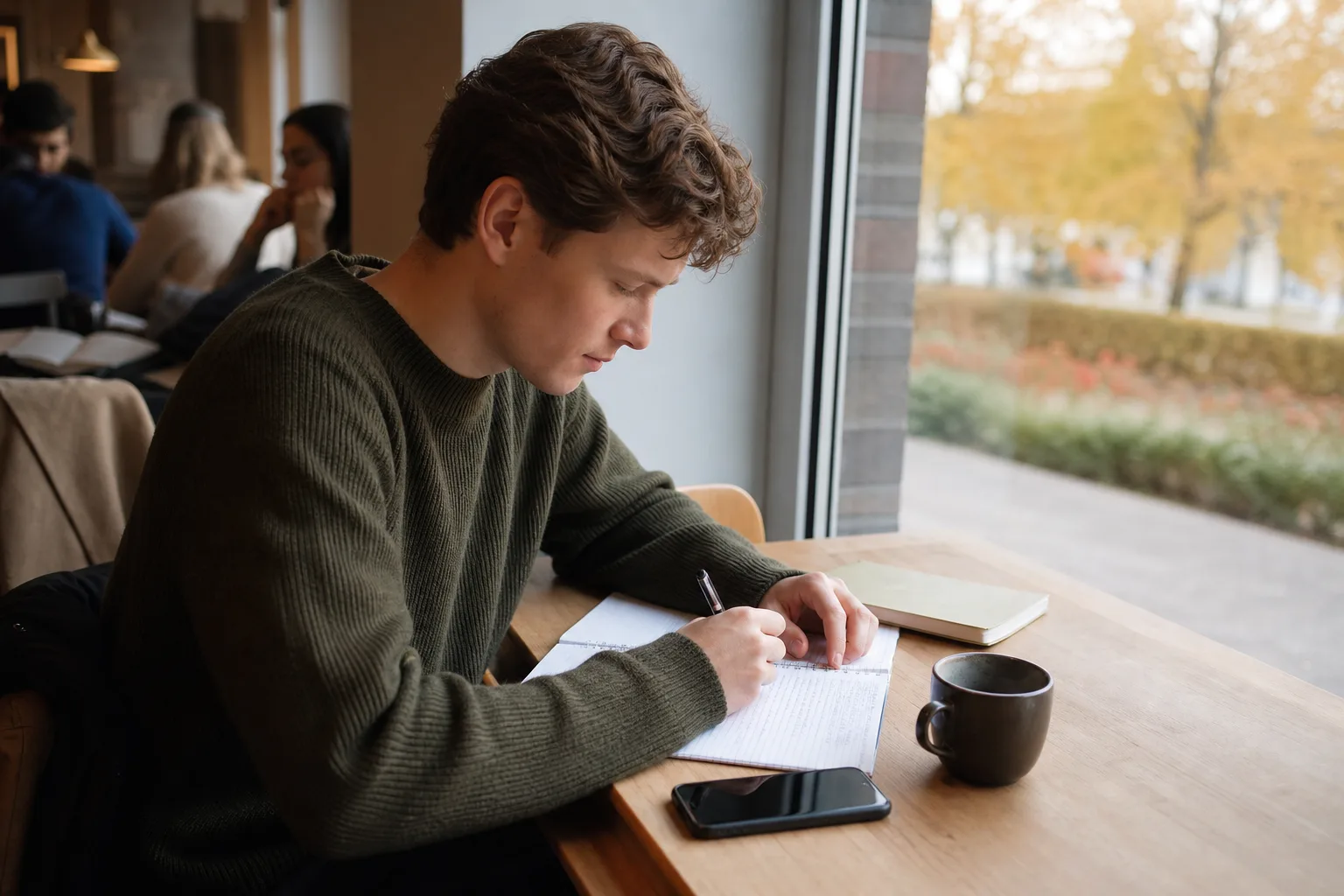 Student på campus-café med en prisvärd mobil med släckt skärm bredvid kaffekopp och anteckningsblock