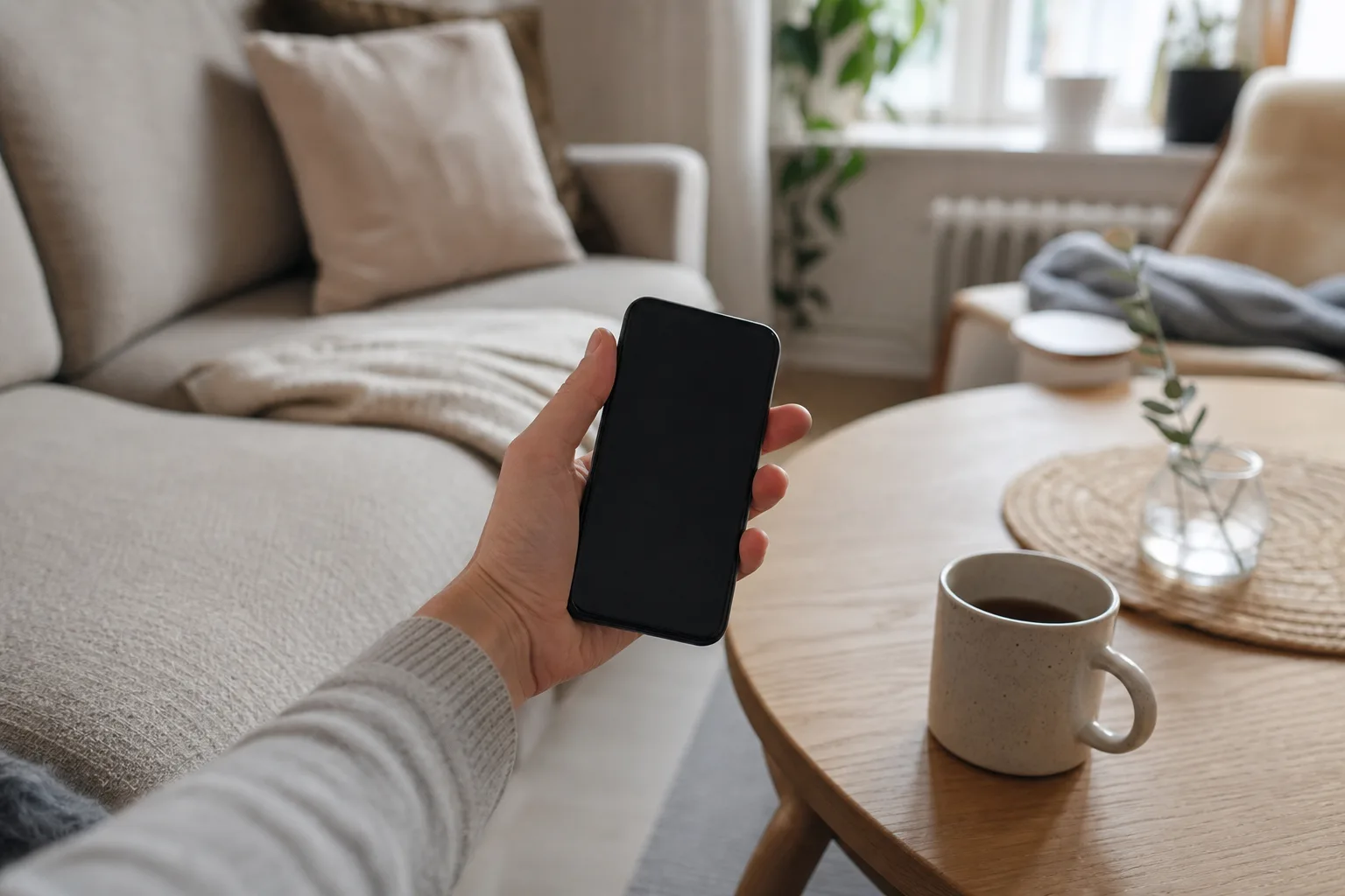 Hand håller en 5G-mobil med släckt skärm i ett ljust svenskt vardagsrum med kaffekopp