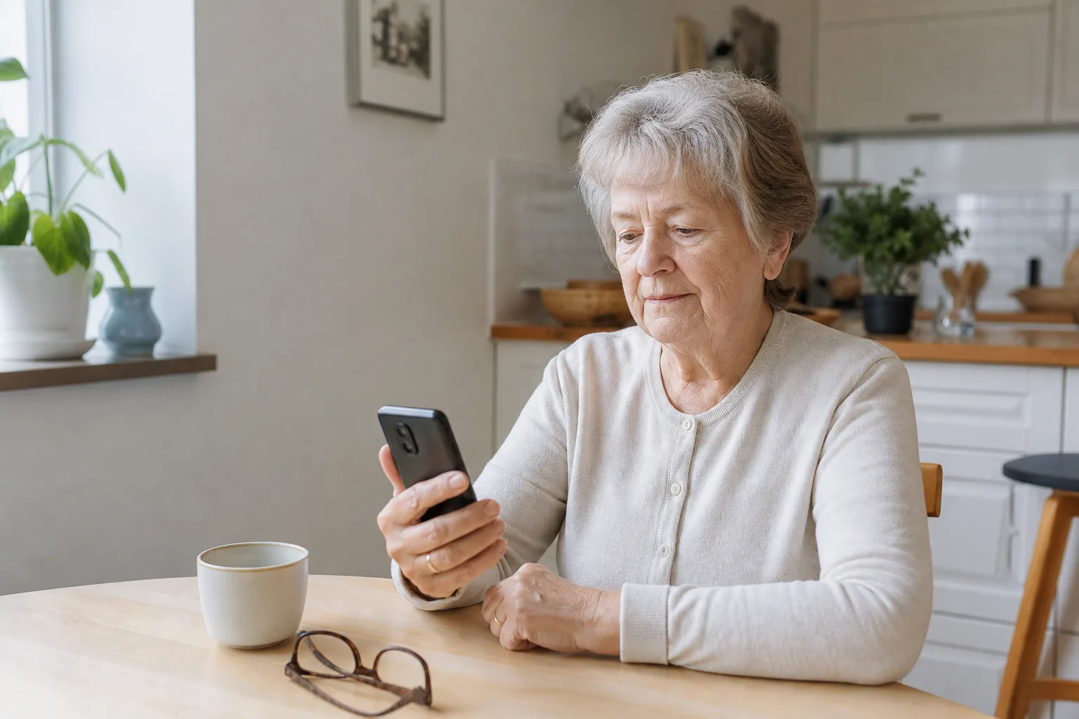 Senior håller en seniorvänlig smartphone med släckt skärm vid köksbordet, liknande Doro 8080 med abonnemang