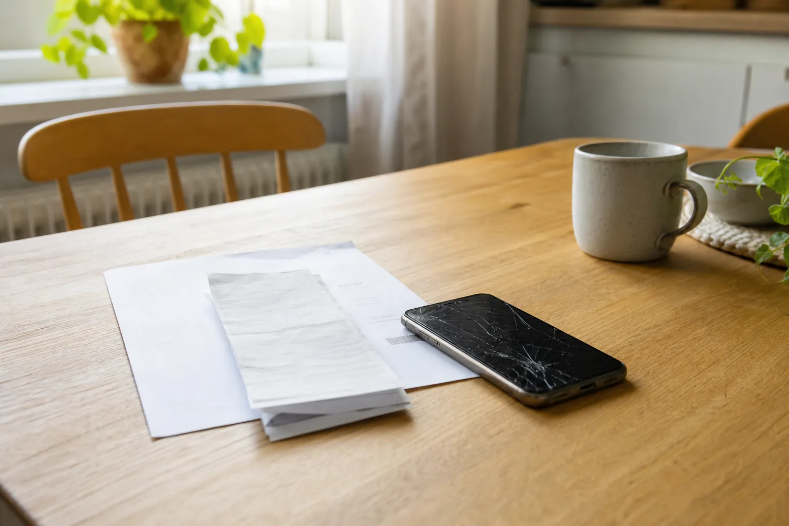 Trasig telefon med släckt skärm bredvid kvitto och orderbekräftelse på ett köksbord – reklamation, garanti och ångerrätt på mobil