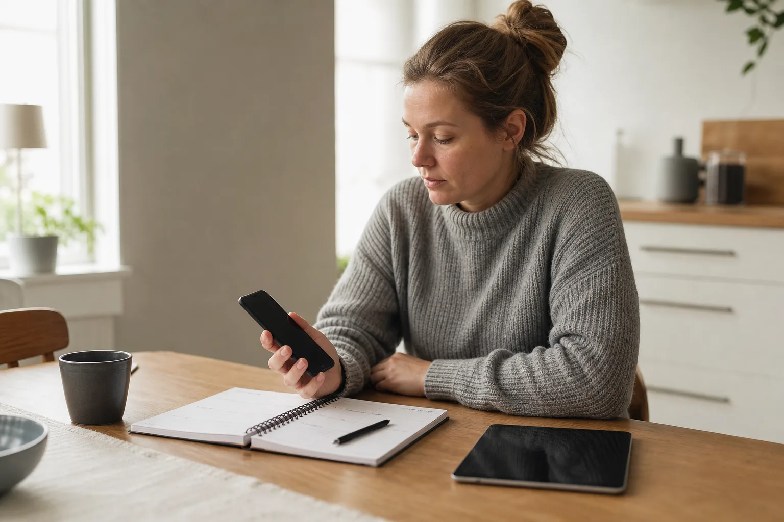 Modern smartphone med släckt skärm på ett ljust köksbord – hur länge en mobil får uppdateringar avgör hur länge den håller