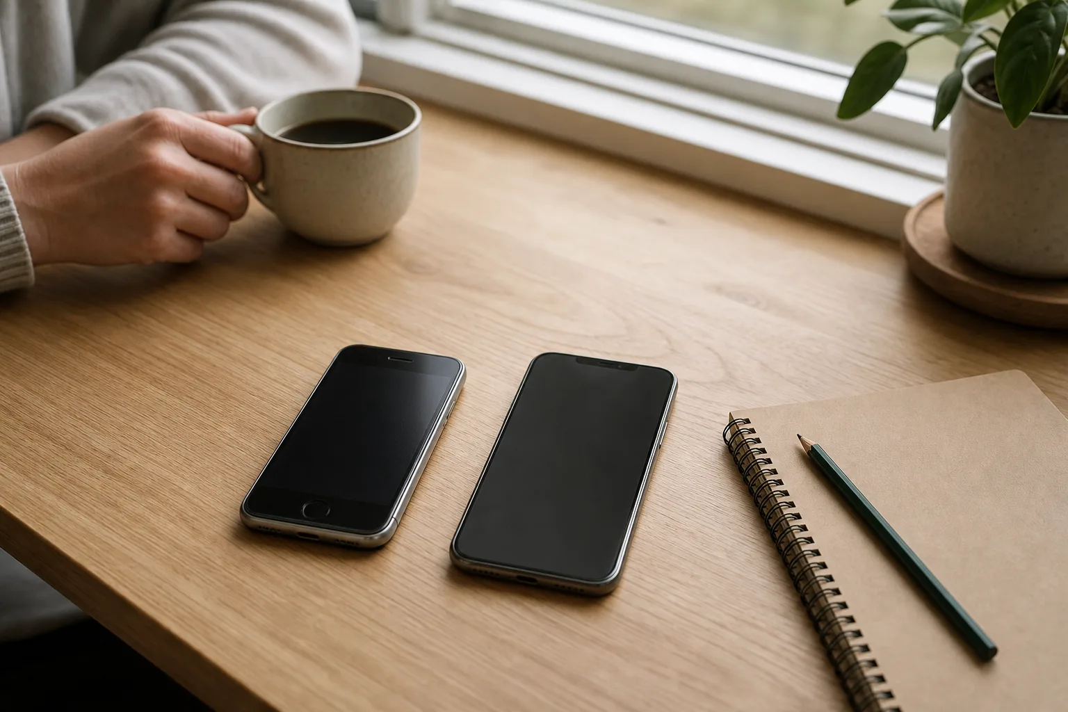 En äldre iPhone vid sidan av en nyare modell på ett träbord – jämförelse inför köp av iPhone med abonnemang