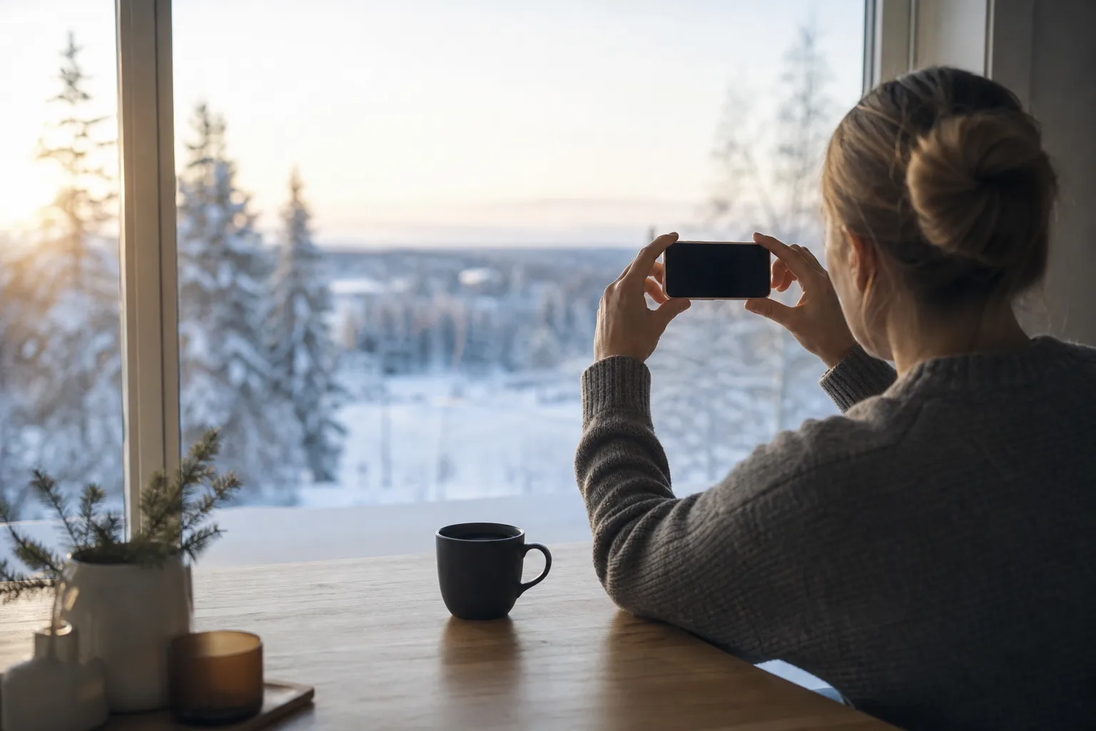Person fotograferar ett vinterlandskap på avstånd med en smartphone vid köksbordet – proffskamera och periskoptele i vardagen