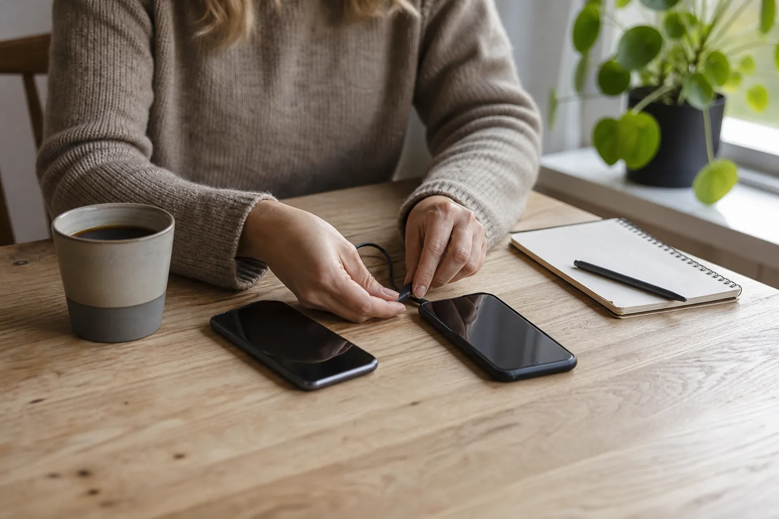 Två generiska smartphones med släckta skärmar på ett köksbord, en laddkabel mellan dem för att flytta uppgifter när man byter mellan iOS och Android