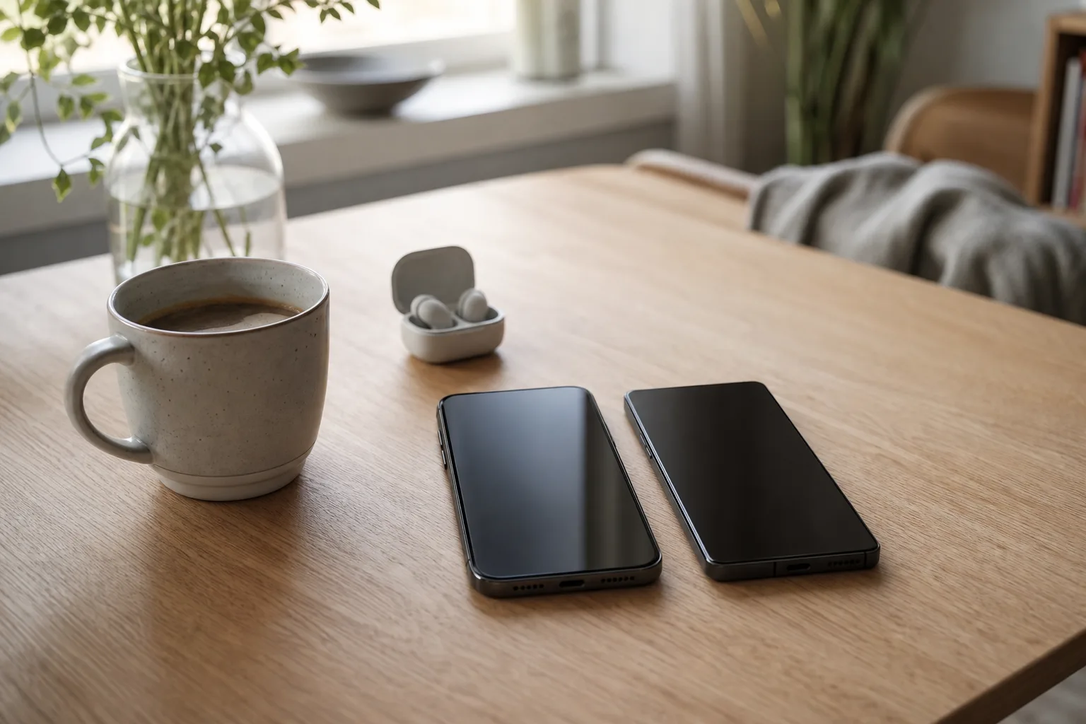iPhone och Google Pixel sida vid sida på ett bord – två telefoner att jämföra på pris, kamera och uppdateringar