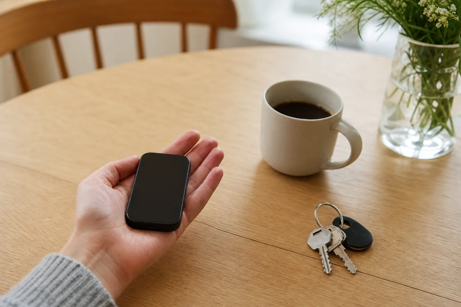 Kompakt iPhone med släckt skärm i en handflata vid köksbordet, mindre än en vanlig stor mobil