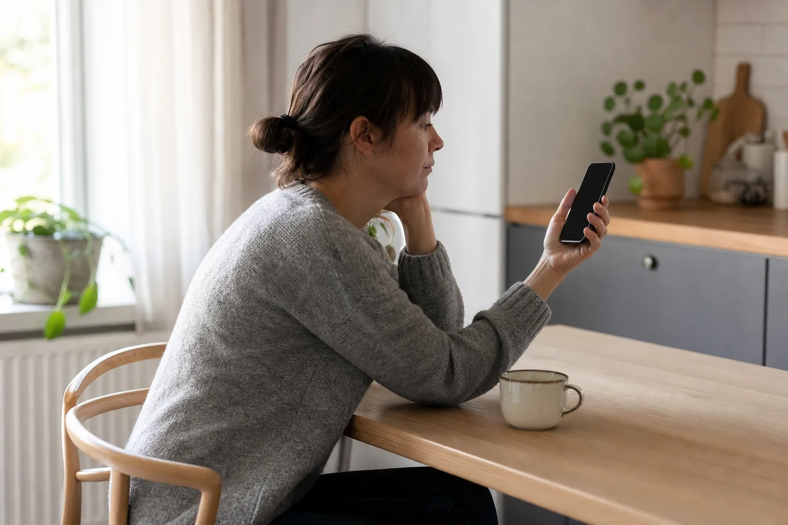 Person vid köksbord i nordiskt dagsljus håller en generisk smartphone med släckt skärm