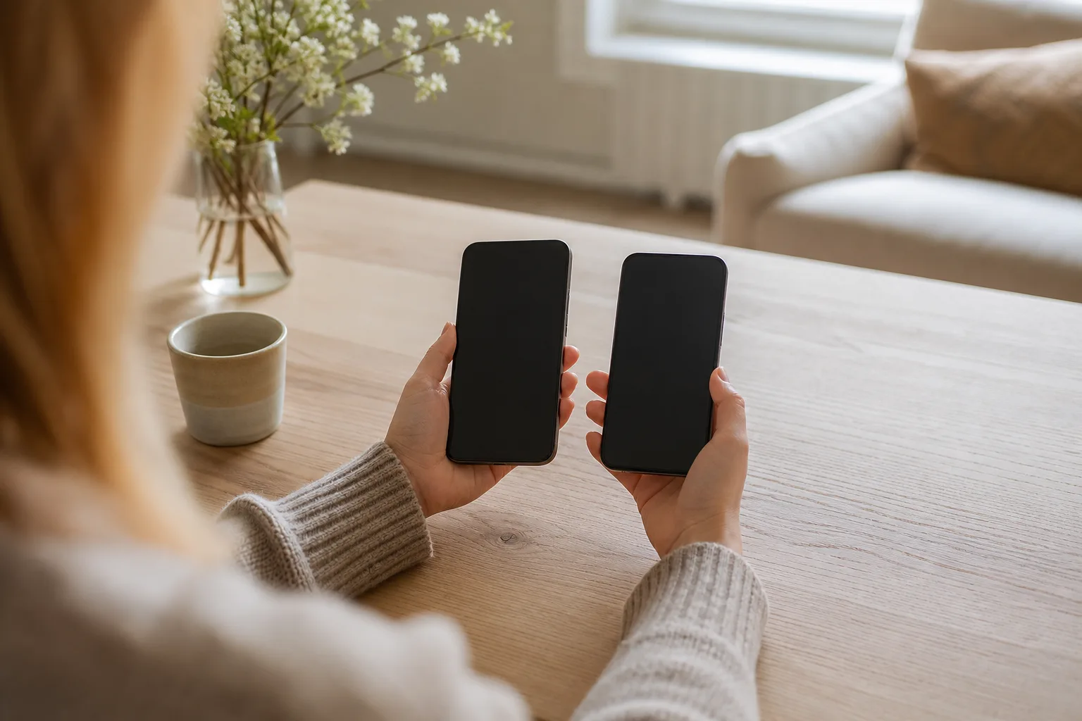 Jämför två mobiler av olika märke sida vid sida på ett bord innan köp med abonnemang