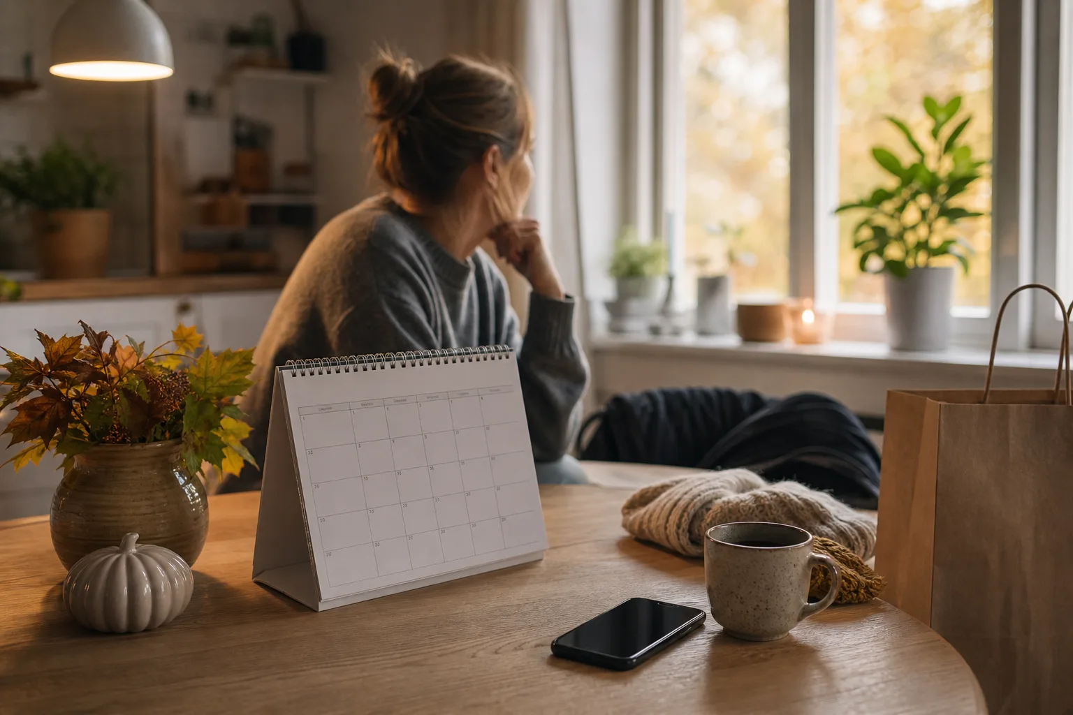 Kalender och avstängd mobil på köksbordet i november – köptiming för en billig mobil