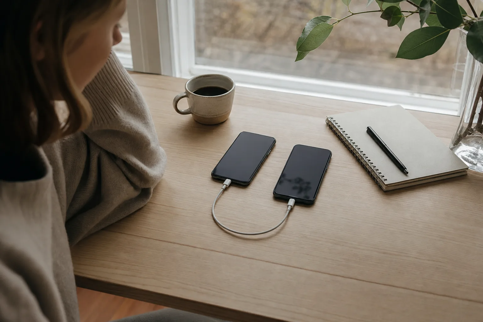 Två mobiler med släckta skärmar ligger med en laddkabel emellan när data flyttas till en ny telefon