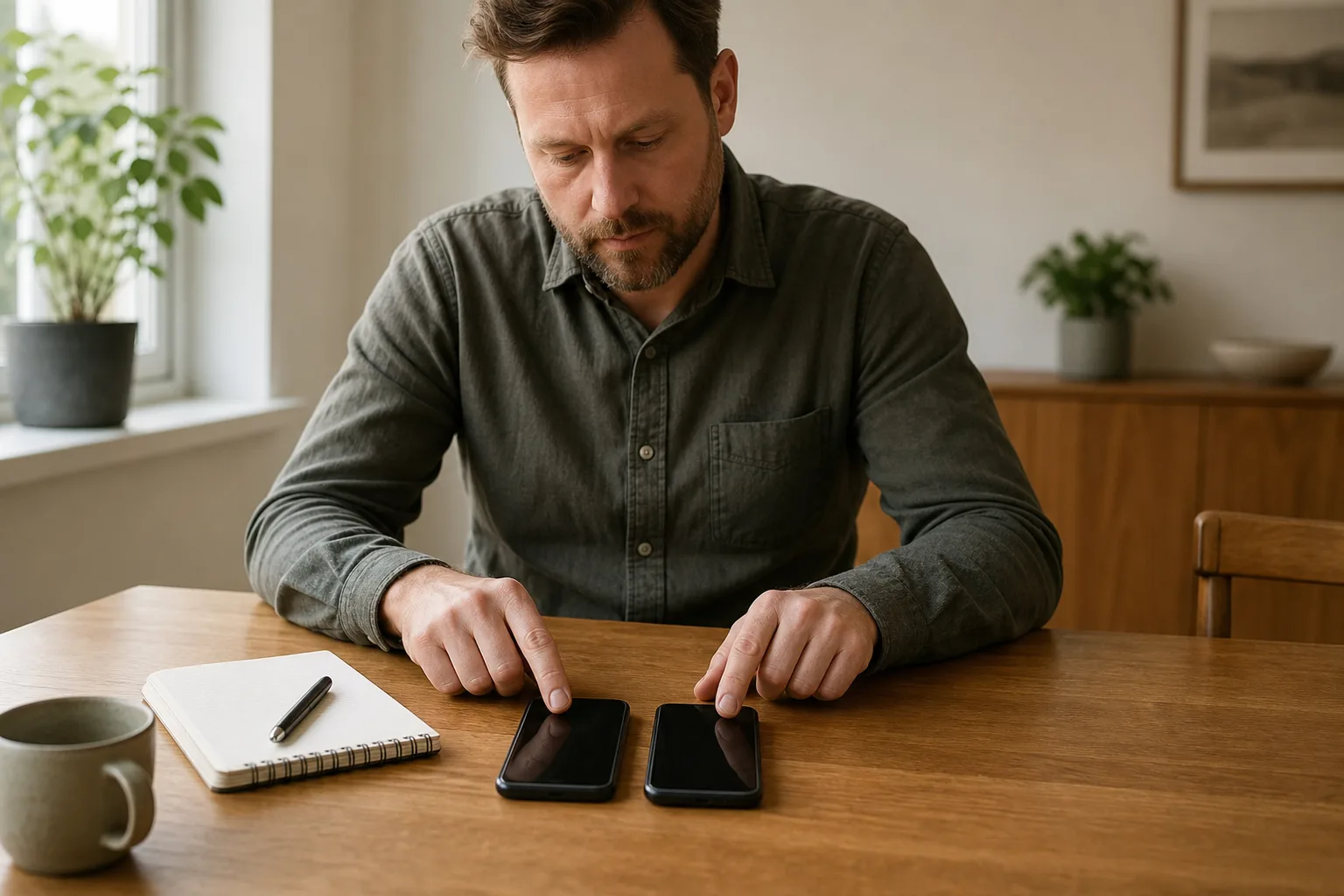Jämför två mobiltelefoner sida vid sida vid köksbordet för att hitta billigaste mobilen