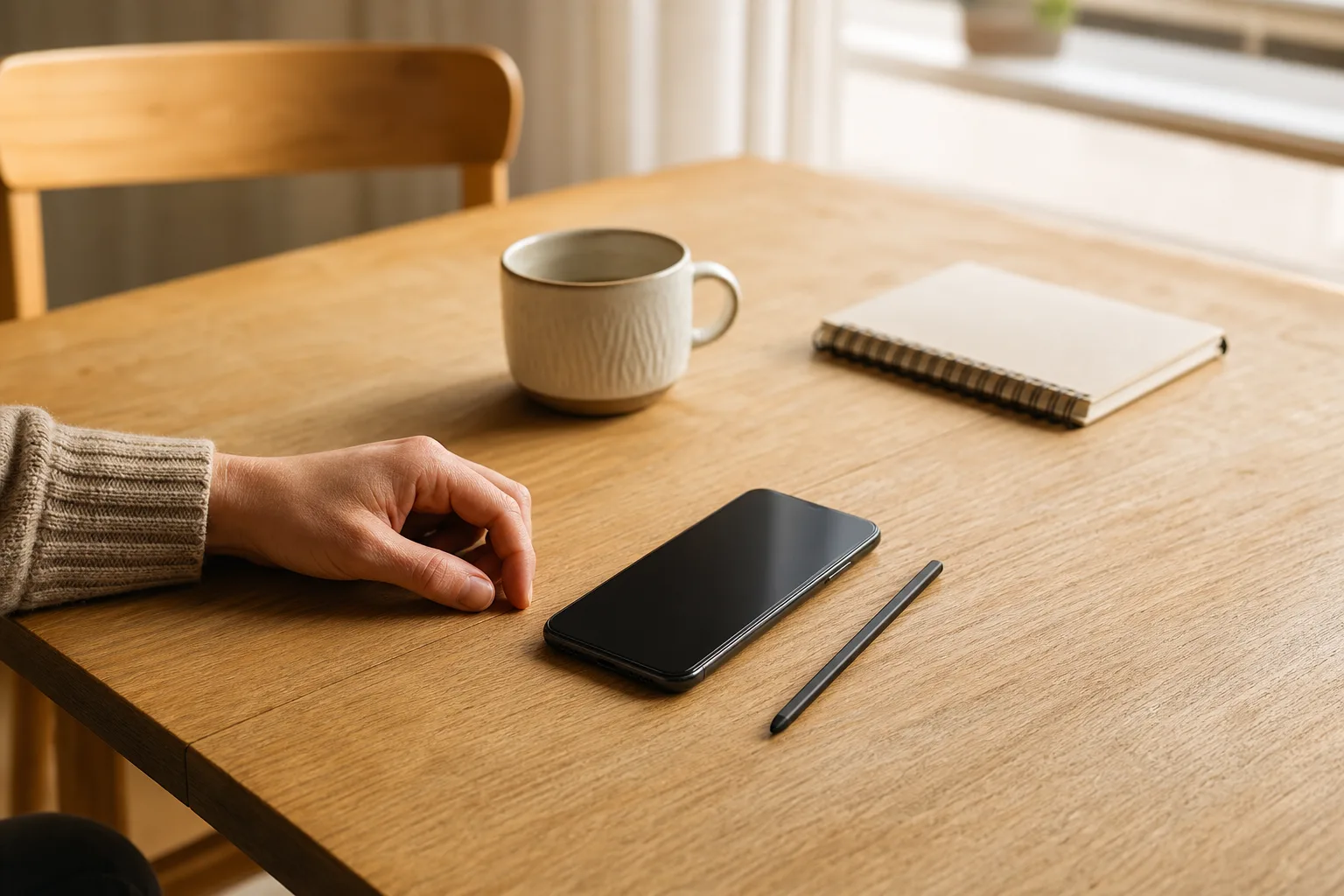 Stor smartphone med släckt skärm och en smal pekpenna intill på ett köksbord i morgonljus