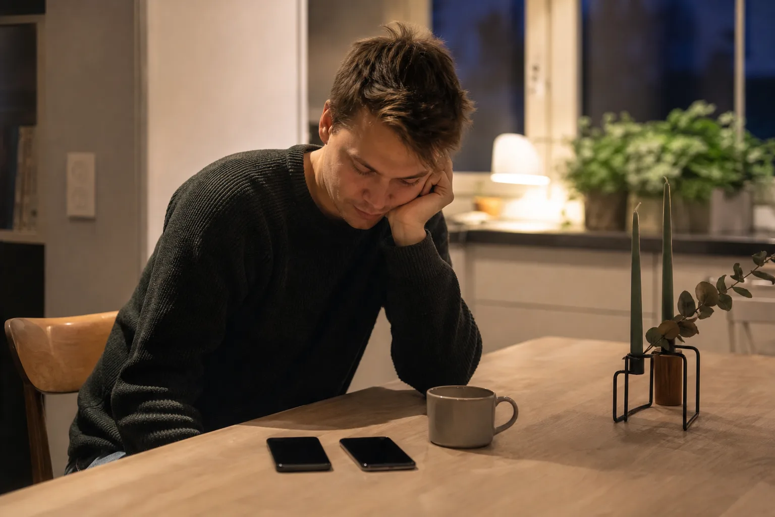 Två generiska smartphones med släckt skärm på ett köksbord när någon jämför Samsung Galaxy med abonnemang