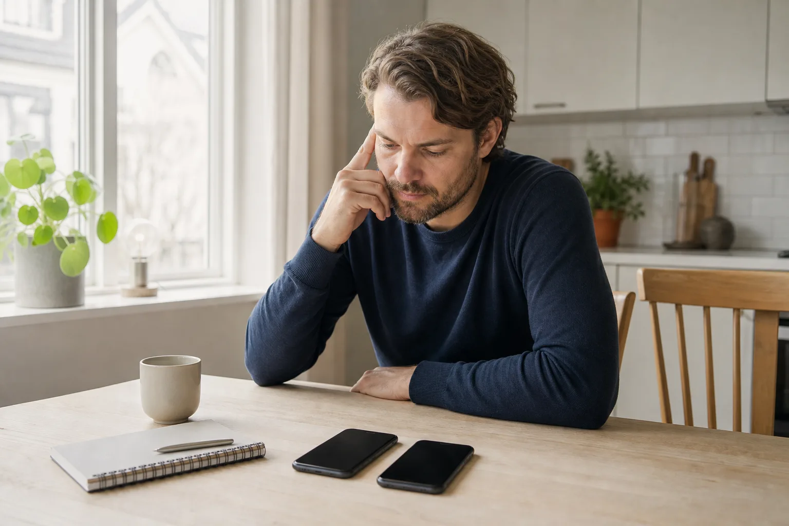 Två billiga mobiltelefoner med släckta skärmar bredvid en kaffekopp och anteckningsbok på ett ljust köksbord när någon jämför priser med abonnemang