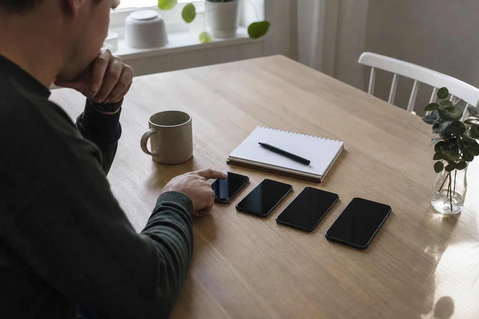 Flera iPhone-modeller i olika storlekar uppradade på ett köksbord medan någon väljer rätt iPhone