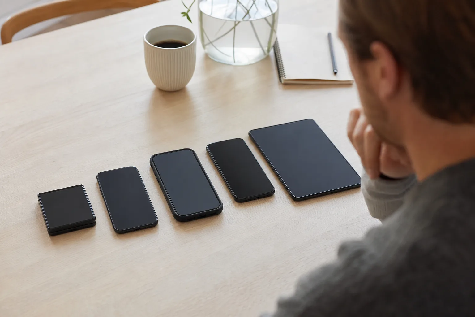 Flera Samsung Galaxy-modeller i olika storlekar uppradade på ett köksbord, från kompakt vikbar till stor och tålig